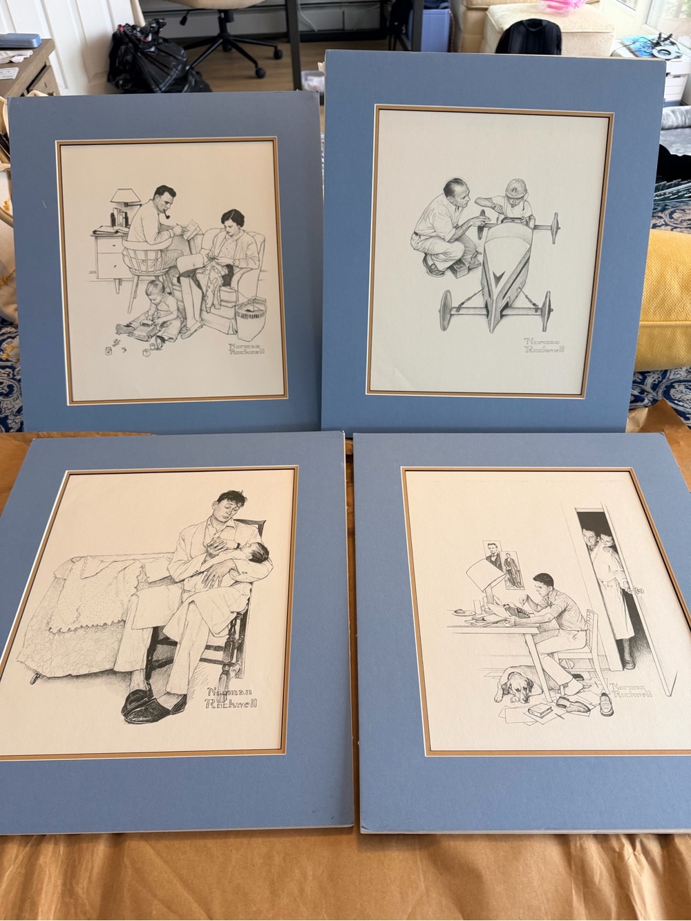 Norman Rockwell Black-and-White Illustrations with Blue Mats
